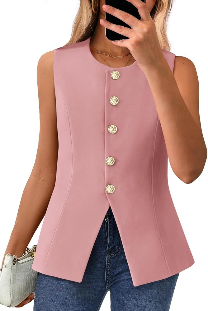 BTFBM Summer Sleeveless Blazer Vest For Women Dressy Button Down Round Neck Business Casual Outfi... | Amazon (US)