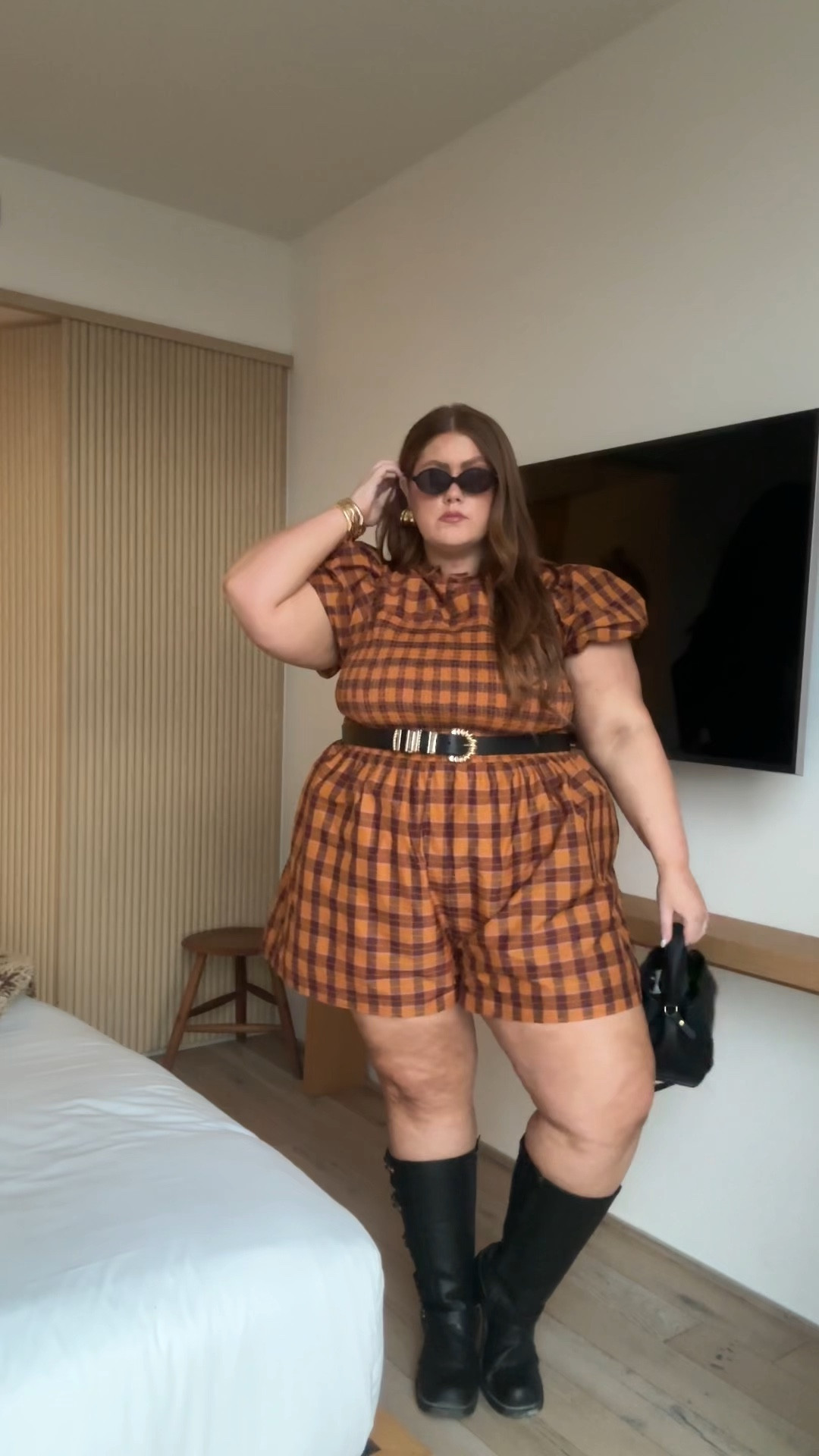 NYFW event look number 1! This plaid romper from Anthropologie for fall is STUNNING. The gold accessories completely made the look. 

Wearing a 3X (little loose) 
Belt is a 2X

Plus size, fashion week, Moto boots

#LTKautumn #FashionWeek #LTKplussize