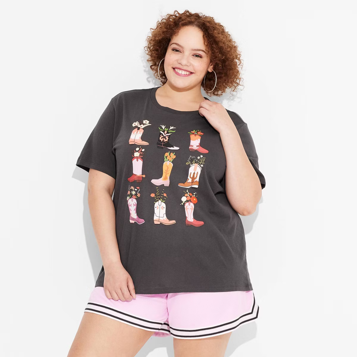 Women's Cowgirl Boot Grid Short Sleeve Graphic T-Shirt - Black | Target