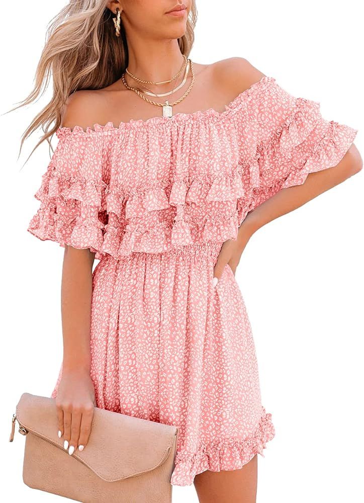 Fazortev Womens Flowy Off Shoulder Dress Summer Ruffle Smocked Casual Square Neck Elastic Waist Mini | Amazon (US)
