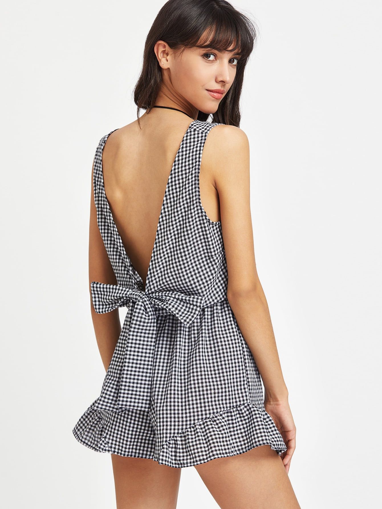 Plunged Gingham Bow Tie Back Romper | SHEIN