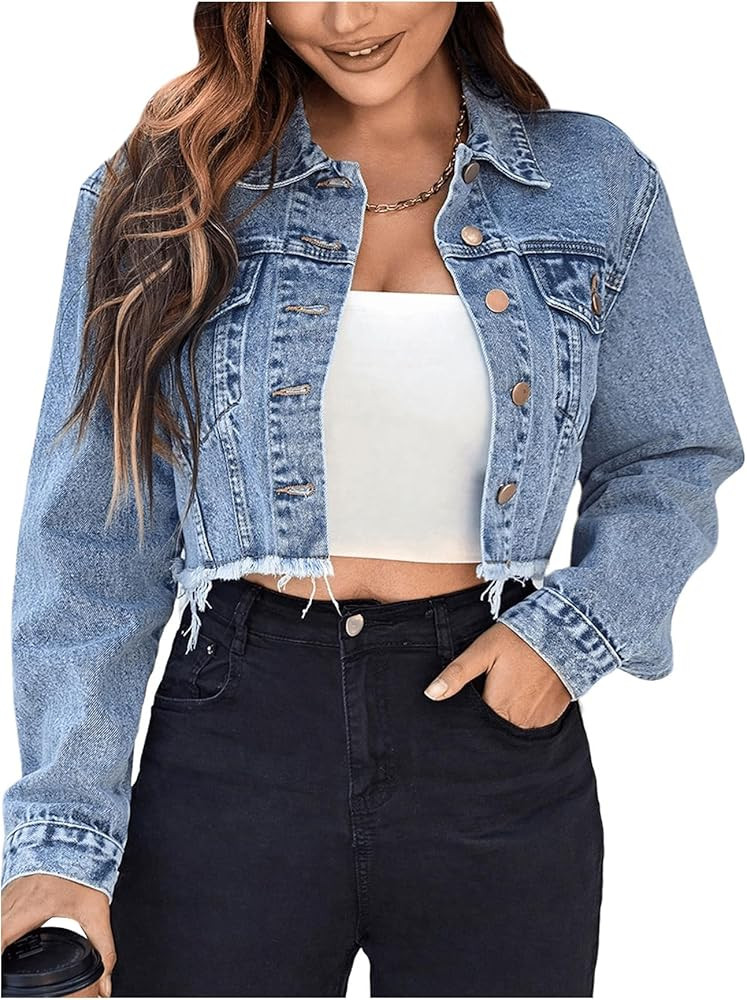 MakeMeChic Women's Cropped Jean Jacket Casual Long Sleeve Ripped Frayed Hem Denim Jacket | Amazon (US)