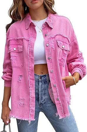PUWEI Ripped Fringe Jean Jacket Women Distressed Washed Button Down Frayed Denim Shacket with Poc... | Amazon (US)