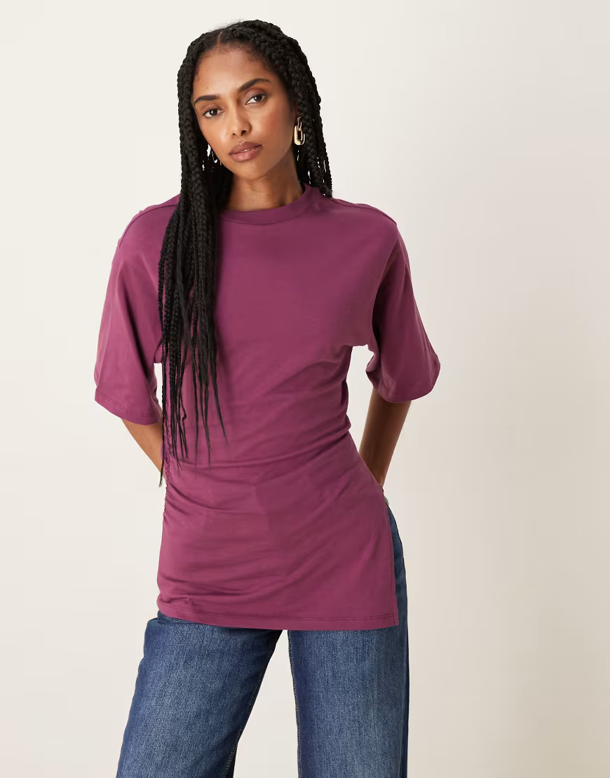 ASOS DESIGN cinched asymmetric hem t-shirt in plum-Purple | ASOS (Global)