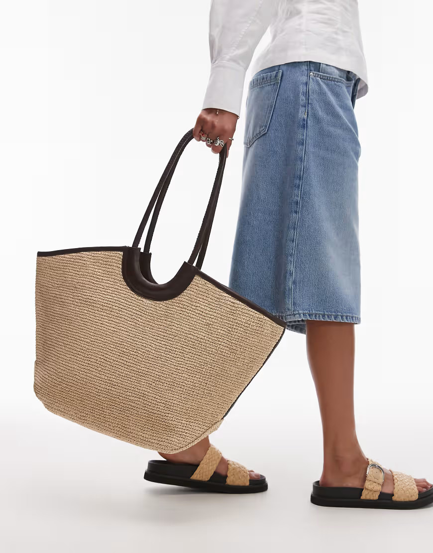 & Other Stories large straw tote with brown leather details contrast stitches in netural beige-Neutral | ASOS (Global)