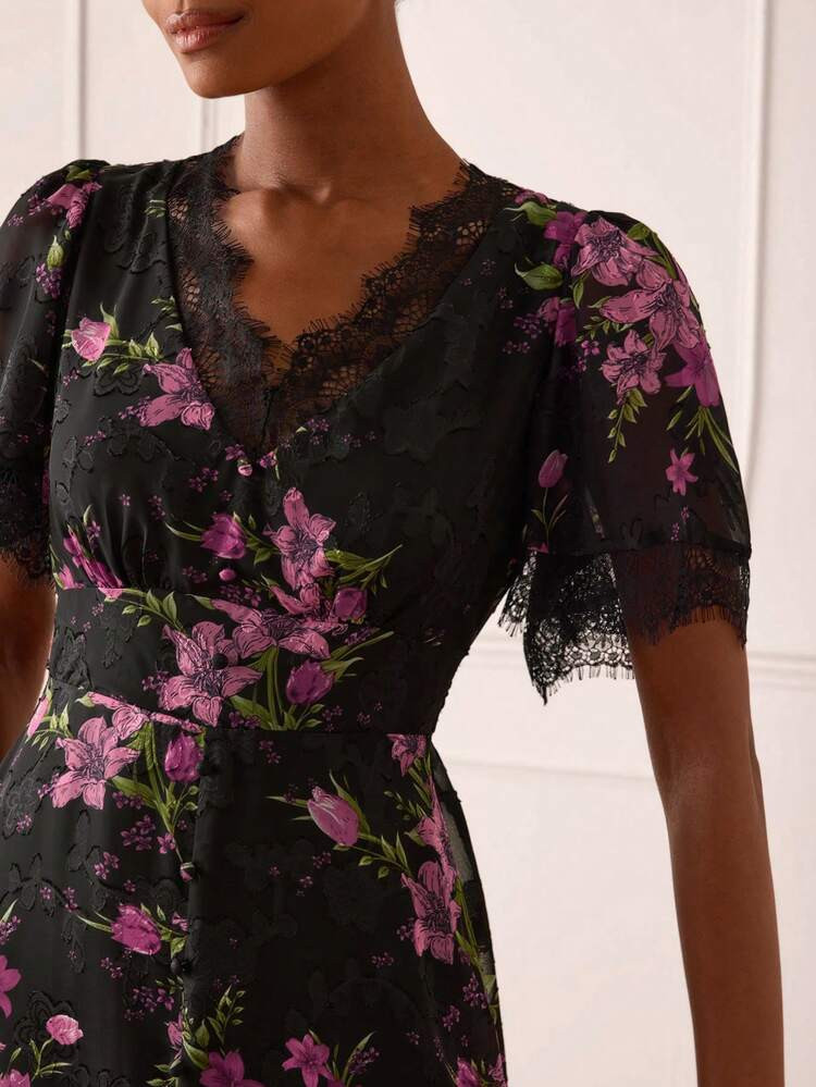 Lilora Women's Elegant Cutout Floral Dress,Black And Purple,Summer High-Fashion Graceful Dress,Versatile For Wedding,Commuting,Parties,Holidays & Vacations | SHEIN