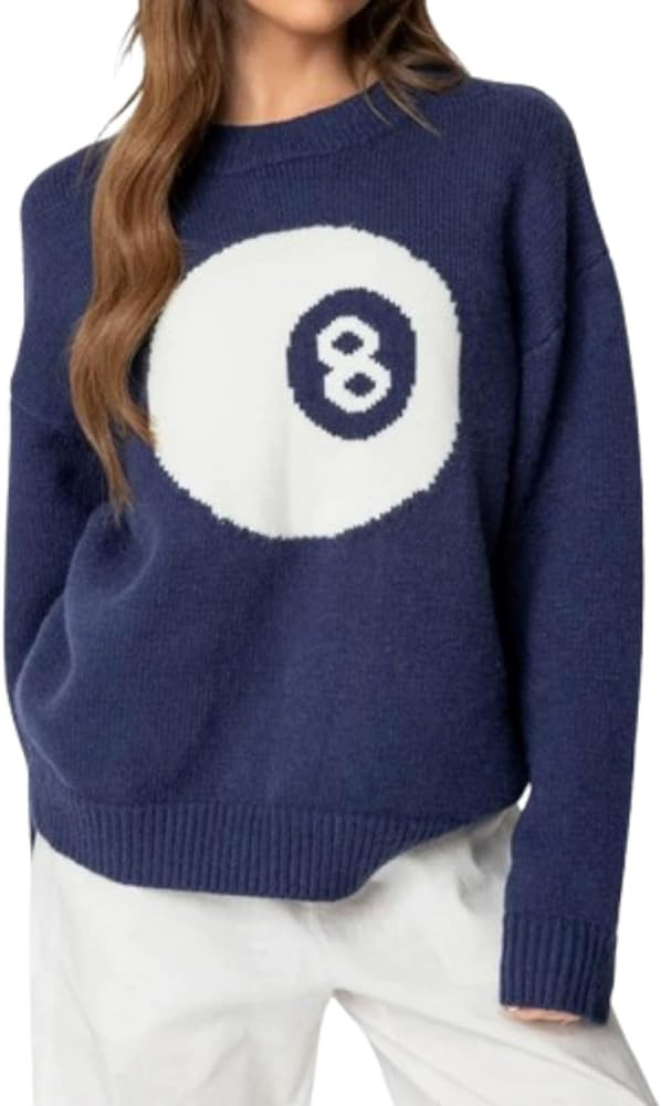 Y2k Sweater Oversized Number Print Hoodie Long Sleeve Pullove Fall Winter Ribbed Knit Sweater Vin... | Amazon (US)