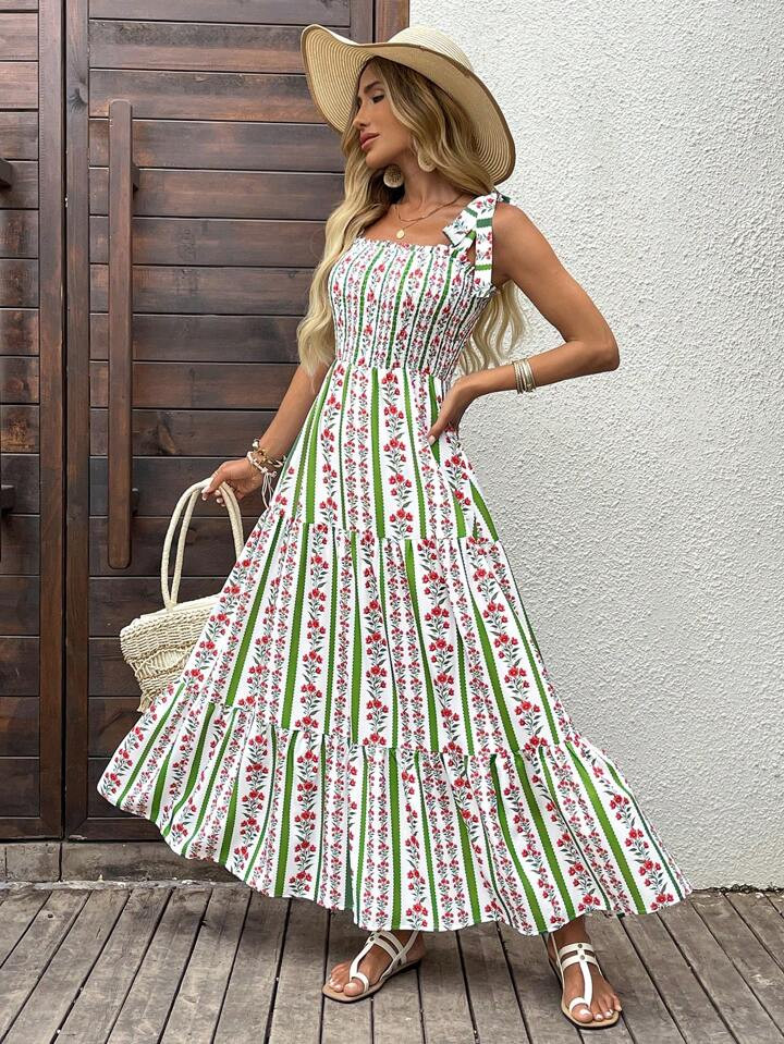 EMERY ROSE Women's Floral Print Ruffled Hem Spaghetti Strap Mid-Calf Vacation Dress | SHEIN