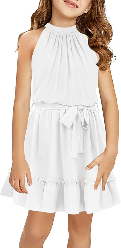Newffr Girl's Halter Neck Sleeveless Summer Dress Tie Waist A-line Sundress Mini Swing Pleated Dr... | Amazon (US)