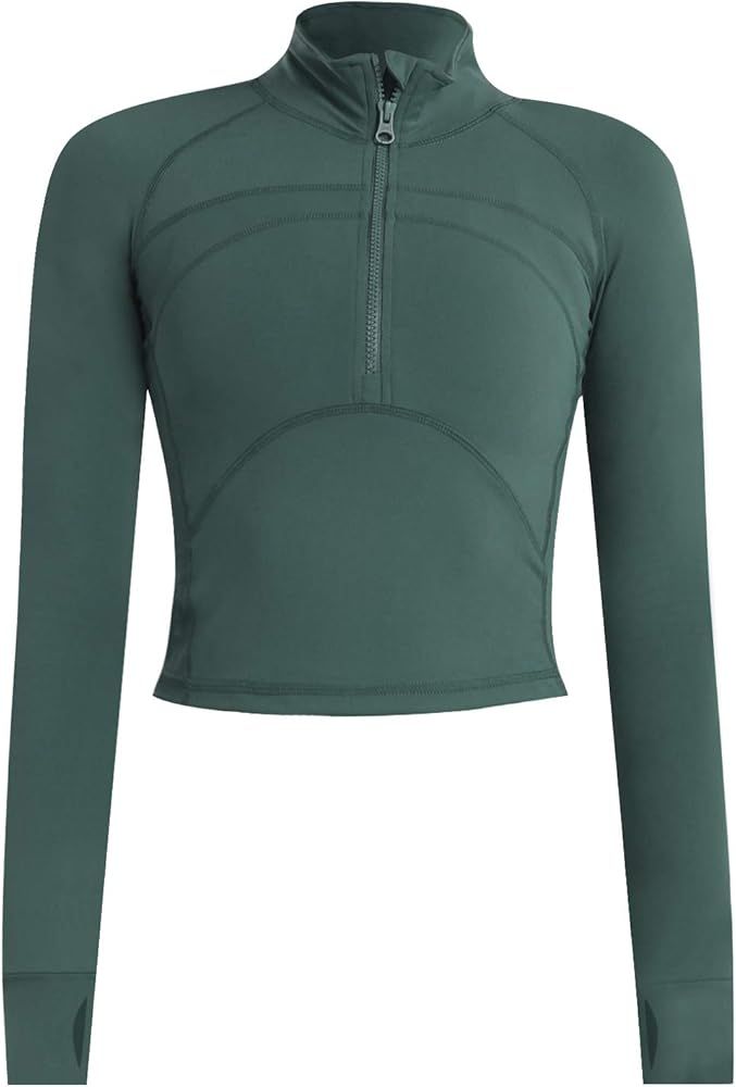 Women's Cropped Workout Jacket 1/2 Zip Pullover Running Athletic Outwear Slim Fit Long Sleeve Yog... | Amazon (US)