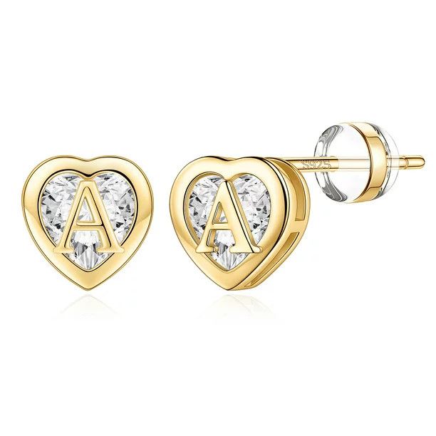 TINGN Heart Initial Stud Earrings for Girls 925 Sterling Silver Studs 14K Real Gold Plated Earrin... | Walmart (US)