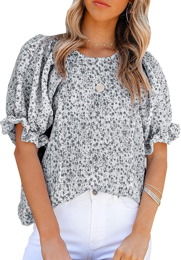 Dokotoo Floral Print Blouses for Women Crewneck Smocked Puff Sleeve Shirts Casual Babydoll Tops | Amazon (US)