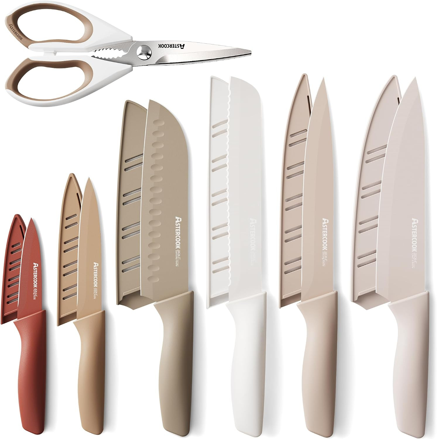 Astercook Knife Set, 13 Pieces Kitchen Knives Set with Healthy Anti-Rust Coating, Dishwasher Safe, Stainless Steel Chef Knife Sets with 6 Blade Guards, Perfect Holiday Gifts for Kitchen | Amazon (US)