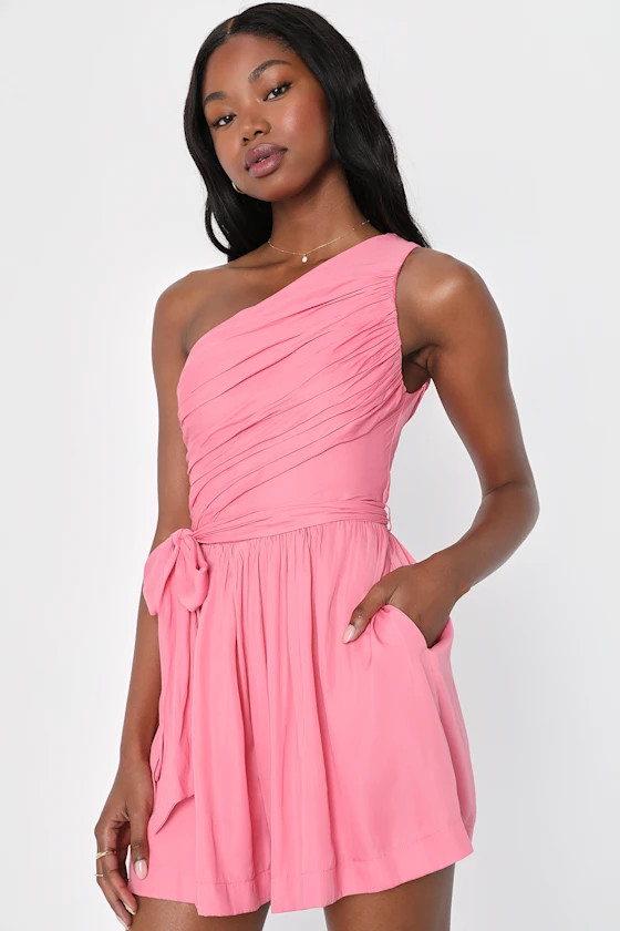 Spring to Life Pink Gathered One-Shoulder Romper | Lulus (US)