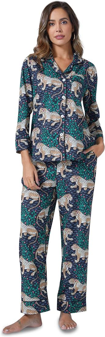 Danedvi Women's 2 Piece Long Sleeve Pajama Set Leopard Print Sleepwear Notch V Neck Tops with Poc... | Amazon (US)
