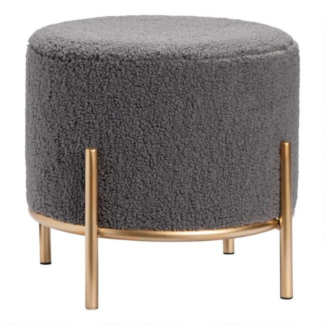 Round Sherpa Upholstered Stool | World Market
