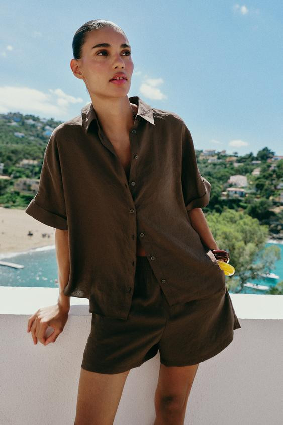 Zara - Short Sleeve Flowing Shirt - Dark Brown - M - Woman | Zara UK