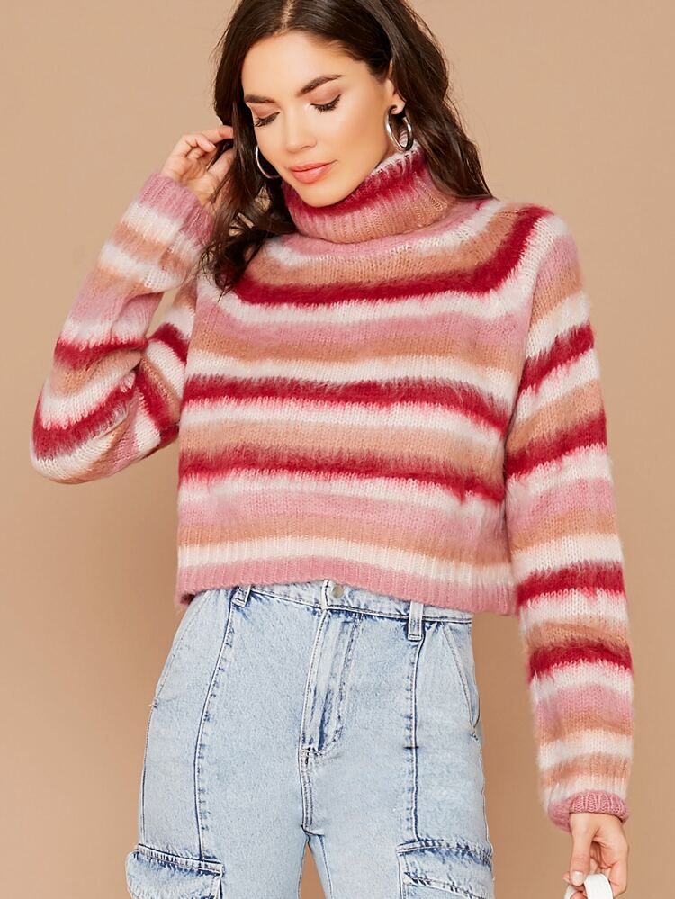 Fuzzy Knit Turtleneck Cropped Pullover Sweater | SHEIN