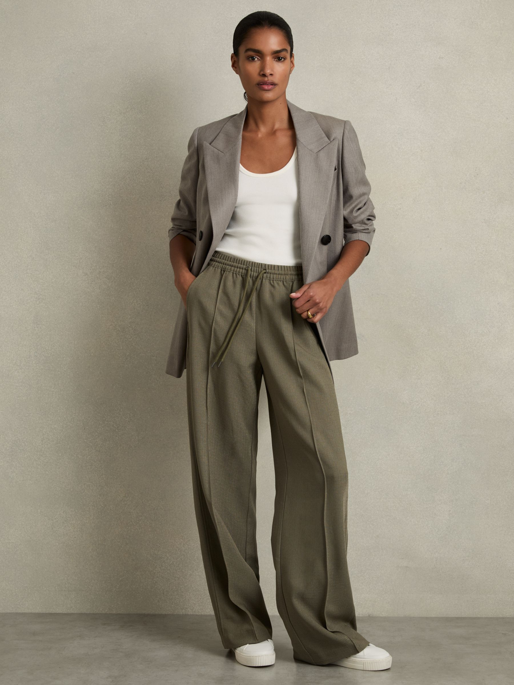 Wide-Leg Drawstring Trousers in Khaki | Reiss UK