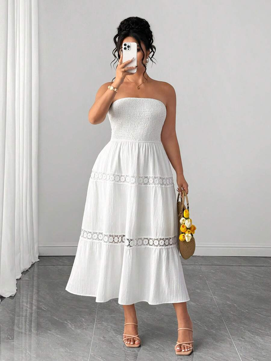 Elenzga Plus Size Women Strapless Ruched Waist Floral Patchwork A-Line Textured Elegant Summer Dr... | SHEIN