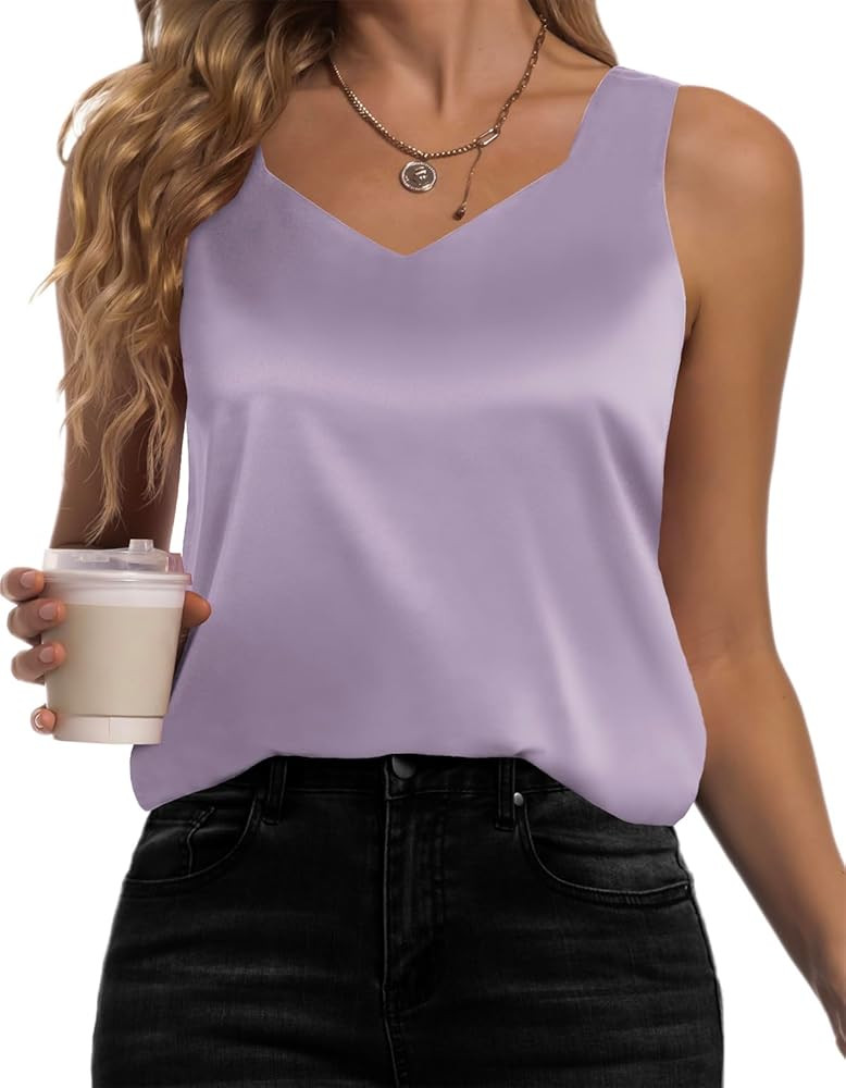 Women's Silk Satin Tank Tops V Neck Camisole Casual Cami Sleeveless Shirt Blouses Silky Basic Tan... | Amazon (US)