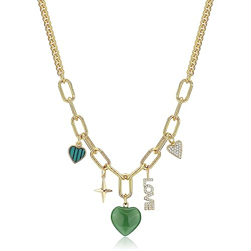 Chunky Charm Necklace, 14k Real Gold Plated Paperclip Chain Handmade Drop Heart Jewelry for Women | Amazon (US)