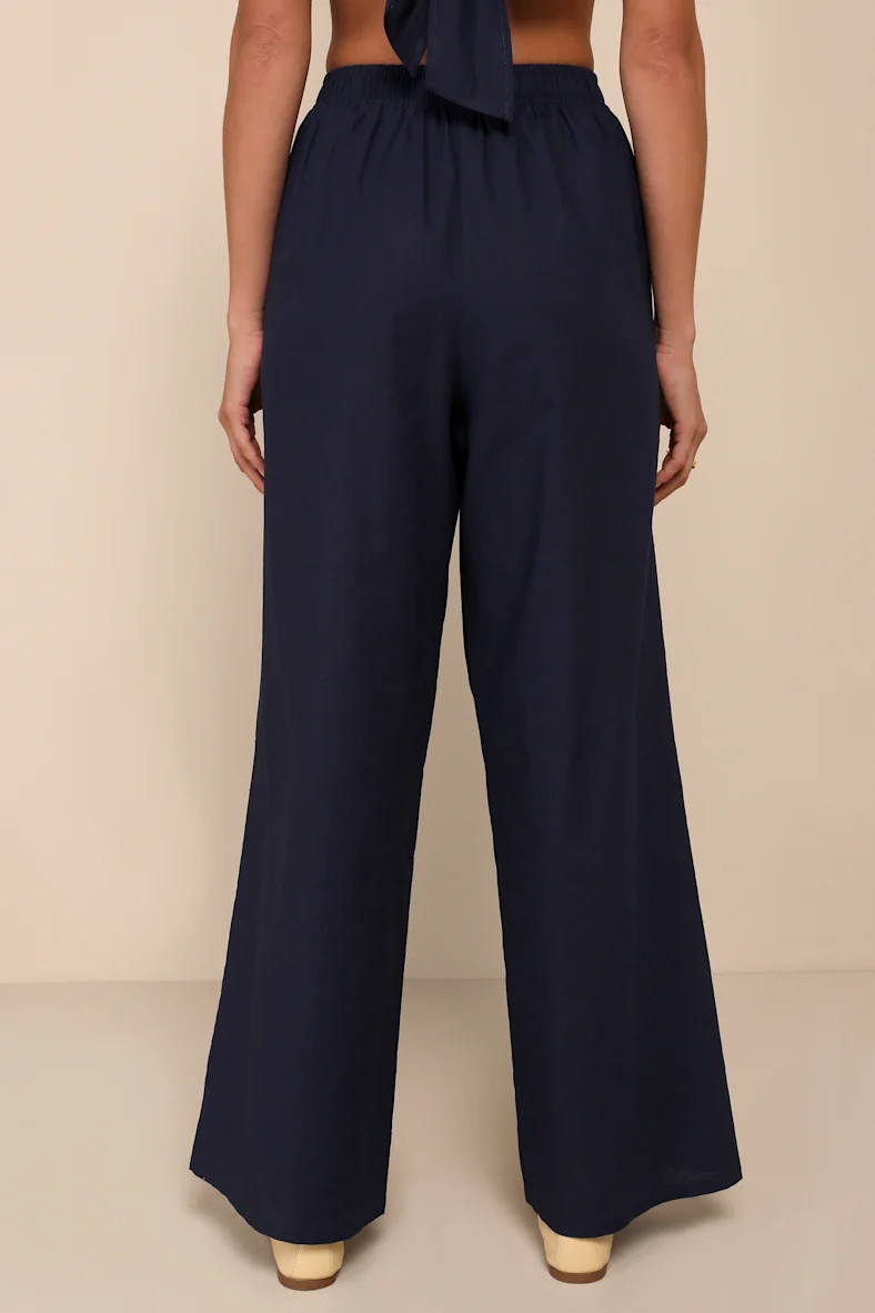 Charmed Aesthetic Navy Blue Linen Embroidered High-Rise Pants | Lulus