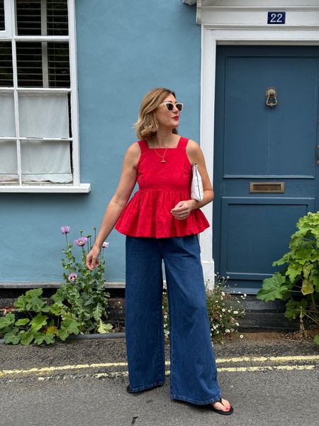 Aligne red peplum top, Aligne jeans, wide leg jean, a pop of red, summer outfit, jeans and a nice top, casual outfit, summer style 

#LTKsummer #LTKuk #LTKstyletip