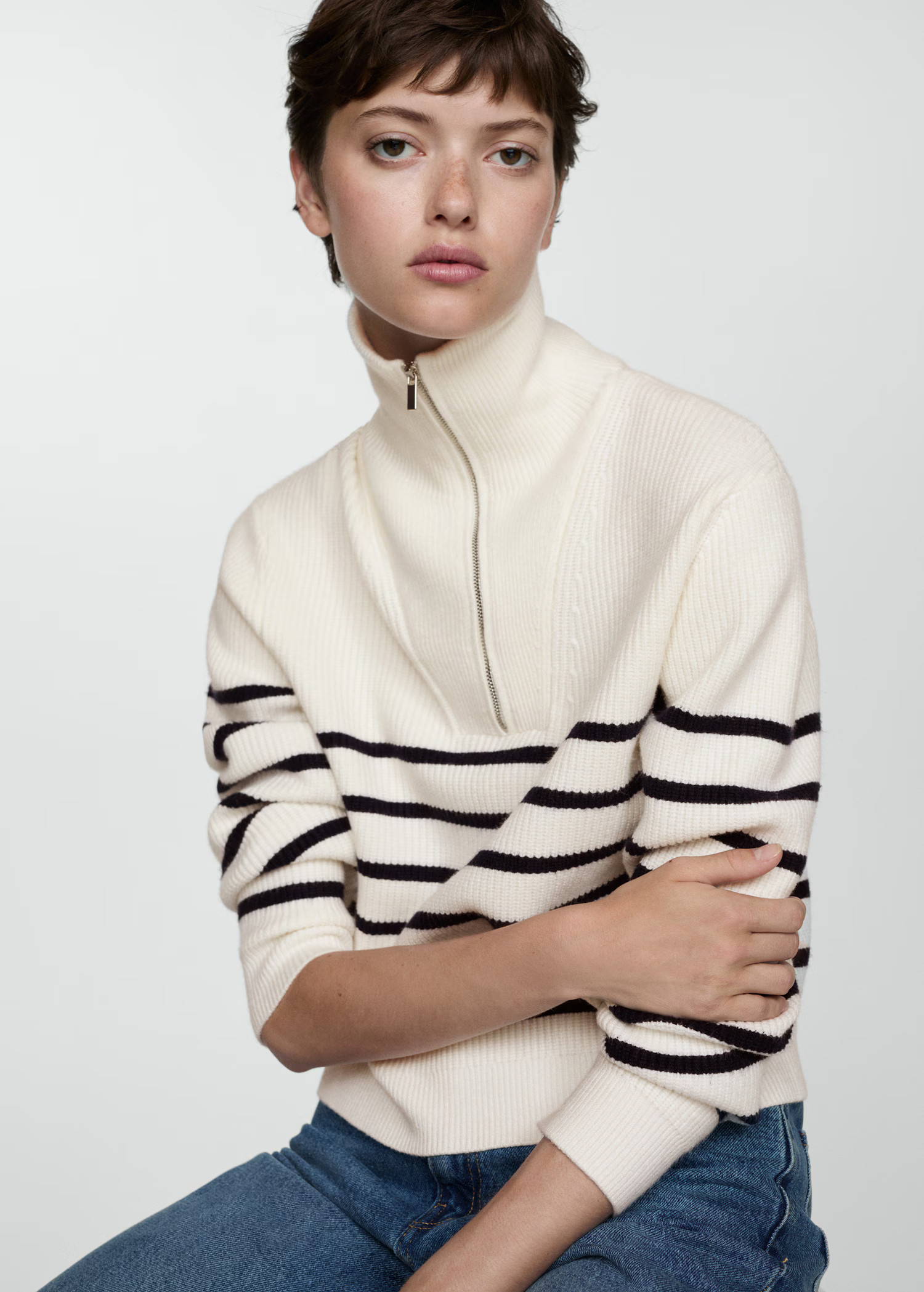 Striped sweater with zipper - Women | MANGO USA | MANGO (US)