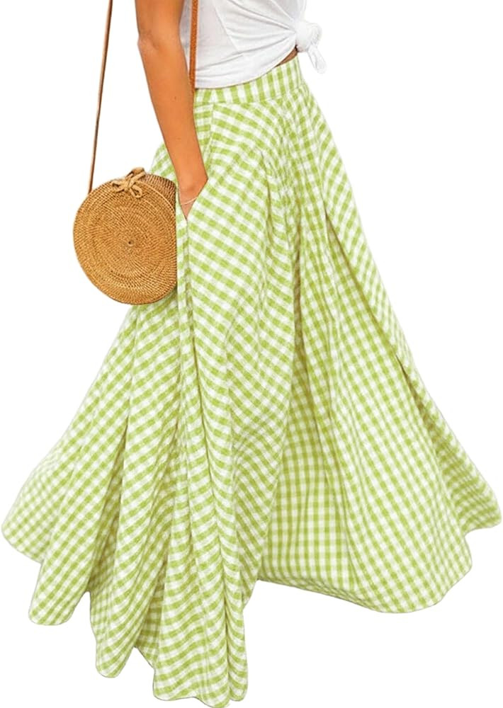 Women's Plaid Gingham Maxi Skirt High Waist A Line Pleated Flared Summer Casual Swing Long Skirt ... | Amazon (US)