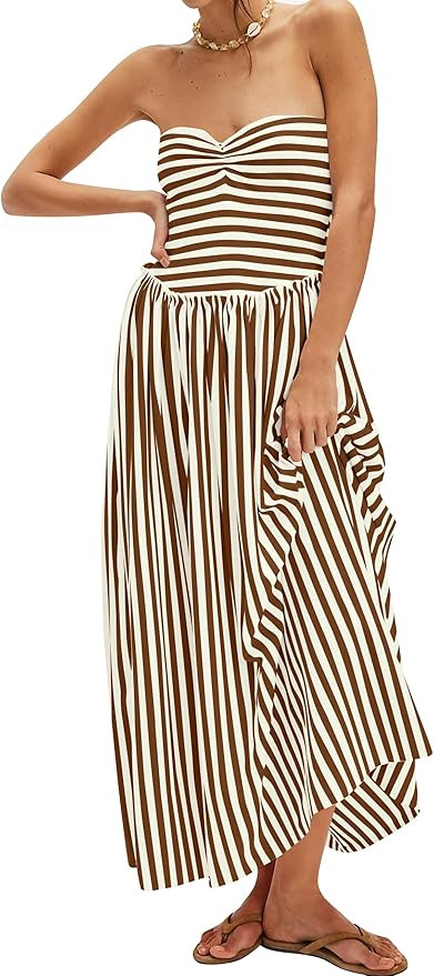 Striped Tube Top Beach Dresses for Women Strapless Pleated Flowy Maxi Dress Summer Party Midi Dre... | Amazon (US)