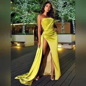 ? Holly Lemon Crystallized Corset High Slit Satin Gown ? | Poshmark