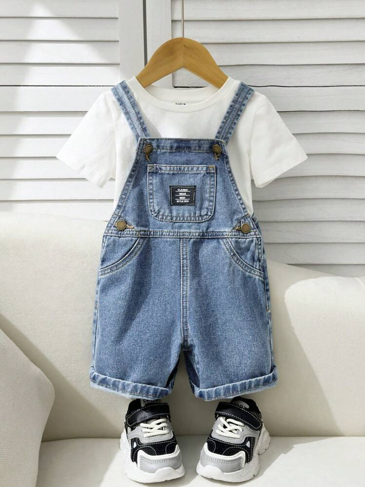 Baby Boys' Summer Casual Patched Detail Baggy Straight Leg Denim Overalls Jumpsuit Jeans Shorts Without Tee, For Spring/Summer Outfits,Kids Denim Romper | SHEIN
