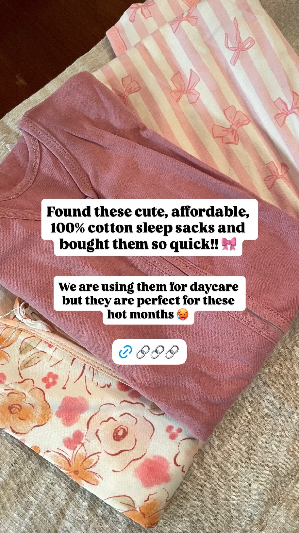 Found these cute, affordable, 100% cotton sleep sacks and bought them so quick!! 🎀 We are using them for daycare but they are perfect for these hot months 🥵