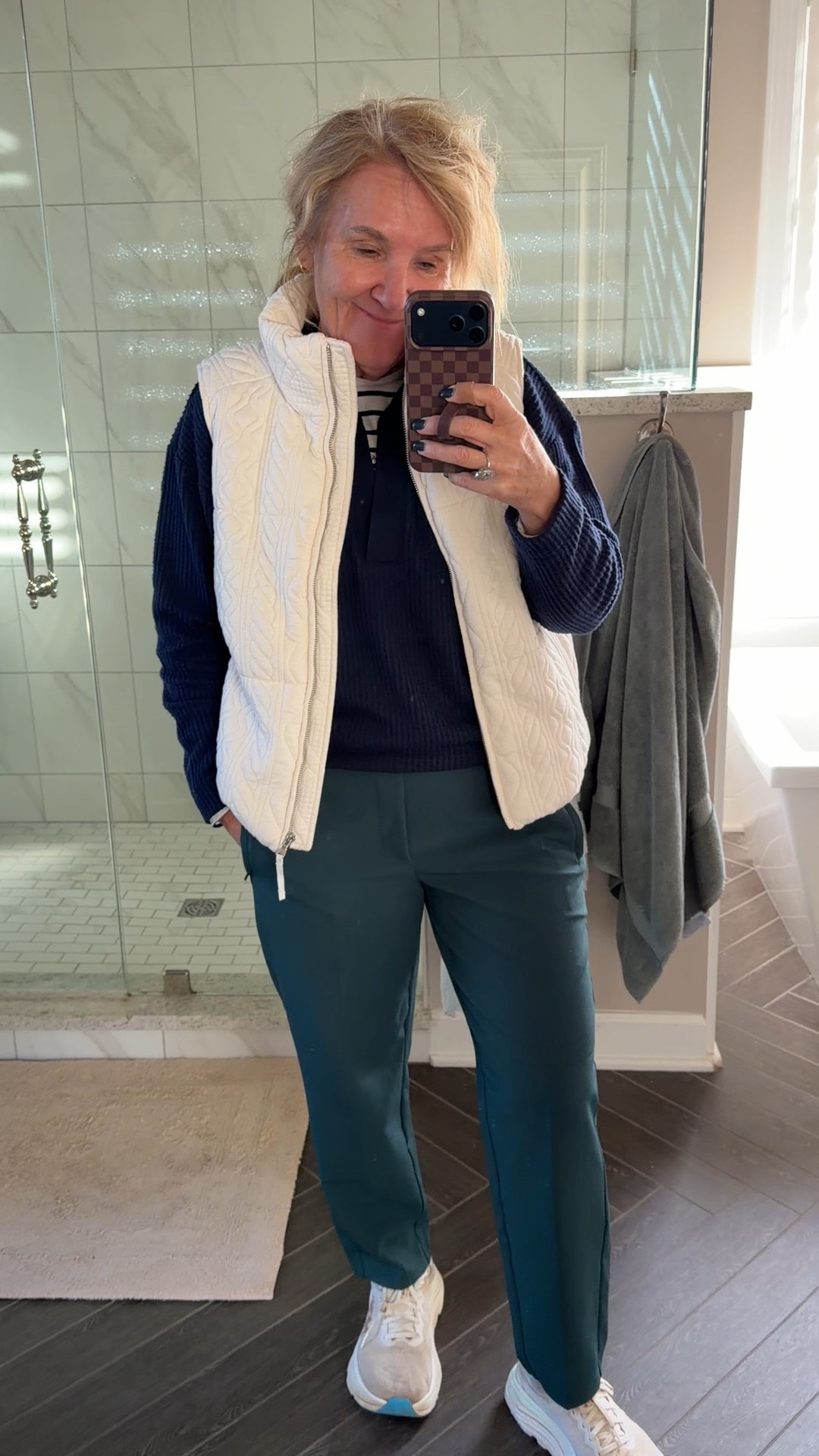 @athleta endless pants size 8 petite 
Vest size medium petite 
Waffle collared Henley medium
Striped tshirt size medium 
Hokas tts 

Active day with the grand kids! 

#LTKActive #LTKPetite #LTKOver40