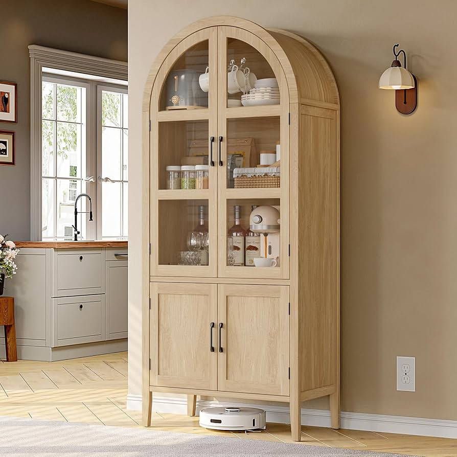 71" Tall Arched Cabinet, 5-Tier Arched Kitchen Pantry with Glass Doors & Shelves, Modern Display ... | Amazon (US)