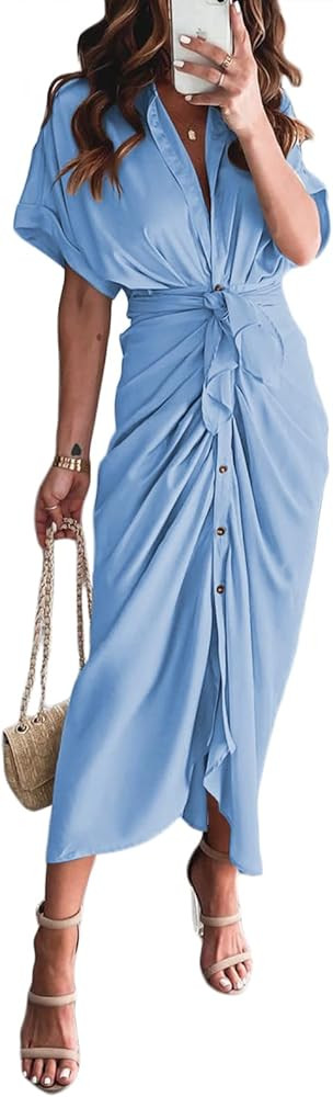 AOHITE Women's Elegant V Neck Satin Button Down Short Sleeve Maxi Shirt Dress with Belt | Amazon (US)