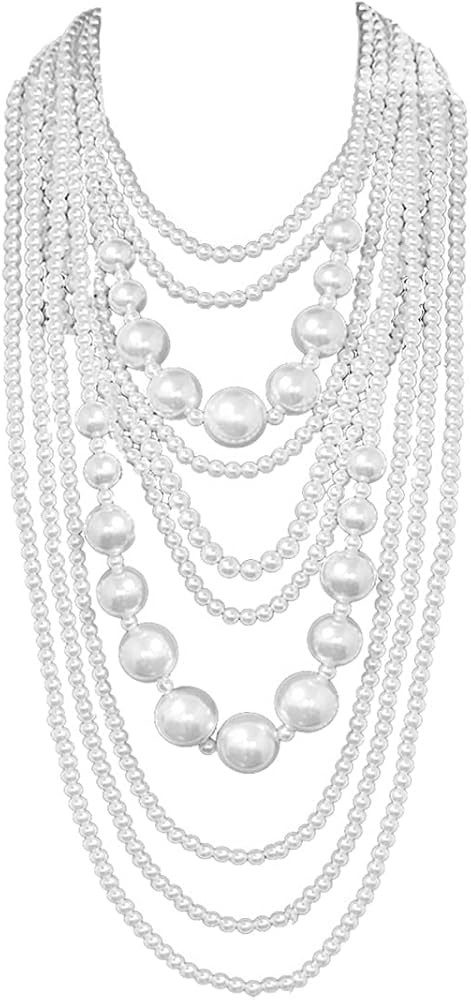Fashion 21 Women's Chunky Multi-Strand Faux Pearl Statement Necklace and Earrings Set | Amazon (US)
