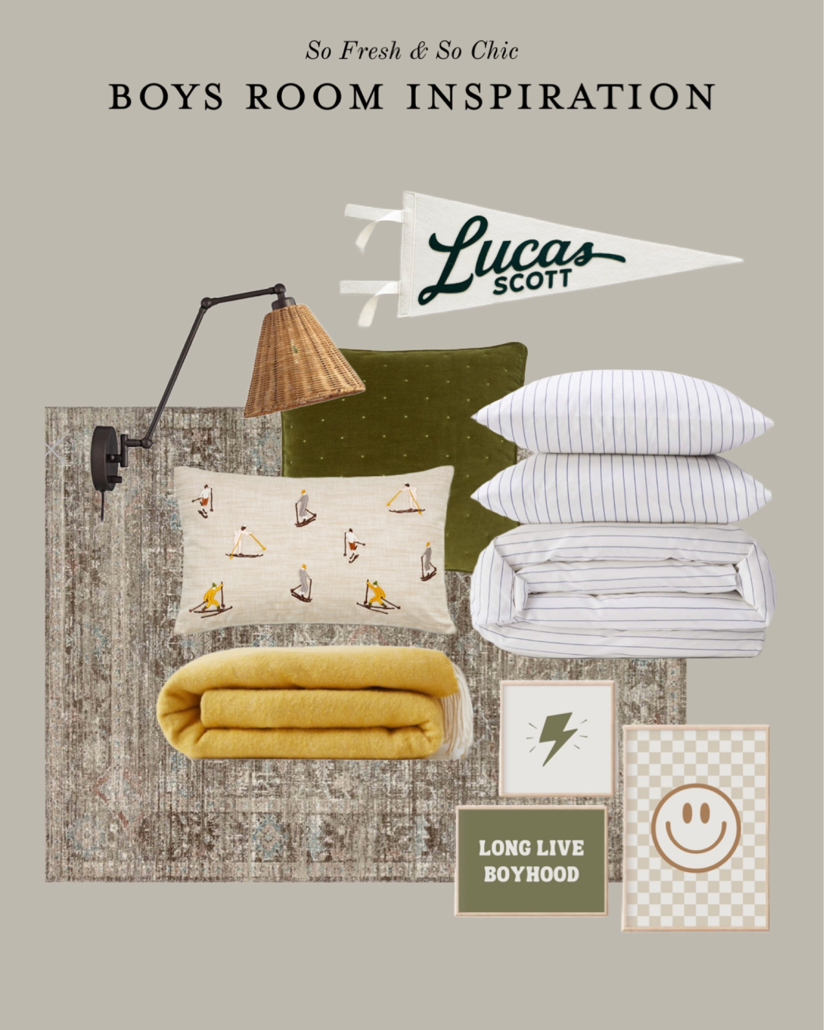 Boys room inspiration! Love this collection so much.
-
Traditional charcoal and dove rug - rattan shade black wall sconce - yellow blanket - striped duvet cover - olive green polka dot pillow - beige skiing pillow - olive green and beige boys room wall art printable - affordable kids room art - affordable kids bedding - custom name pennant large - Etsy - Magnolia Home - Lamps Plus - Mango Home - kids room decor sale - kids bedding sale

#LTKsalealert #LTKhome #LTKkids