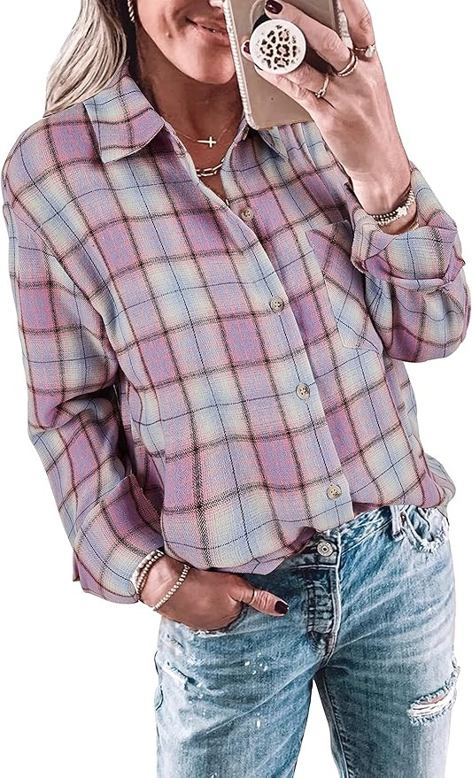 Wenrine Womens Long Sleeve Button Down Shirt Casual Plaid Flannel Shirt Collared Blouse Tops | Amazon (US)