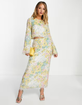 ASOS EDITION pastel floral print and sequin midi skirt with fringe | ASOS | ASOS (Global)