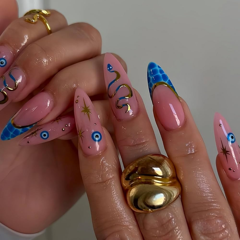 24 Pcs Long Stiletto Press on Nails Reusable Fake Nails Blue French Tip False Nails with Snake, E... | Amazon (US)