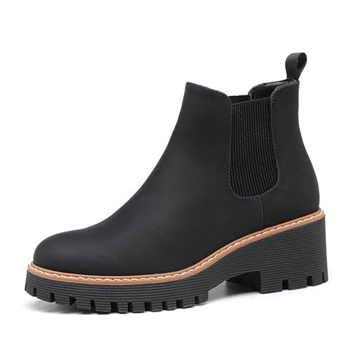 DECARSDZ Womens Black Chunky Platform Chelsea Boot With Elastic Low Wedge Heel Slip On For Fall Work Suede Leather Classic Style Ankle Boots Women | Amazon (US)