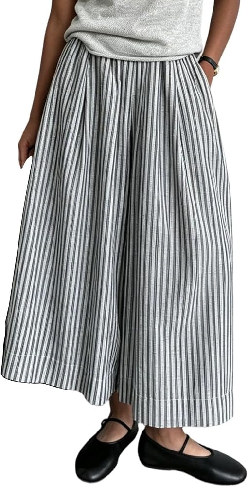 Womens Wide Leg Capri Pants Stripes Culottes Summer Elastic Waist Palazzo Bottoms Cotton Linen Pa... | Amazon (US)
