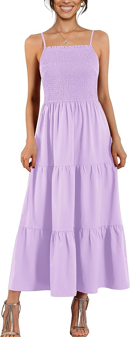 Atizon Women's Smocked Maxi Dress Summer Cami Sleeveless Casual Boho Tiered Beach Sundress 2023 | Amazon (US)