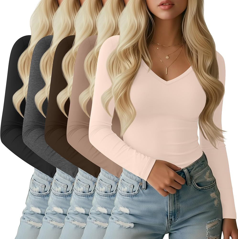 5 Pack Long Sleeve V Neck T Shirts for Women, Cotton Slim Fitted Shirt Casual Tight Basic Tee Top... | Amazon (US)
