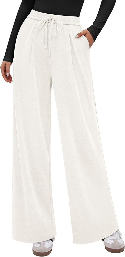 PRETTYGARDEN Women's Wide Leg Pants 2026 Fall Clothes Elastic High Waisted Knit Lounge Palazzo Pa... | Amazon (US)