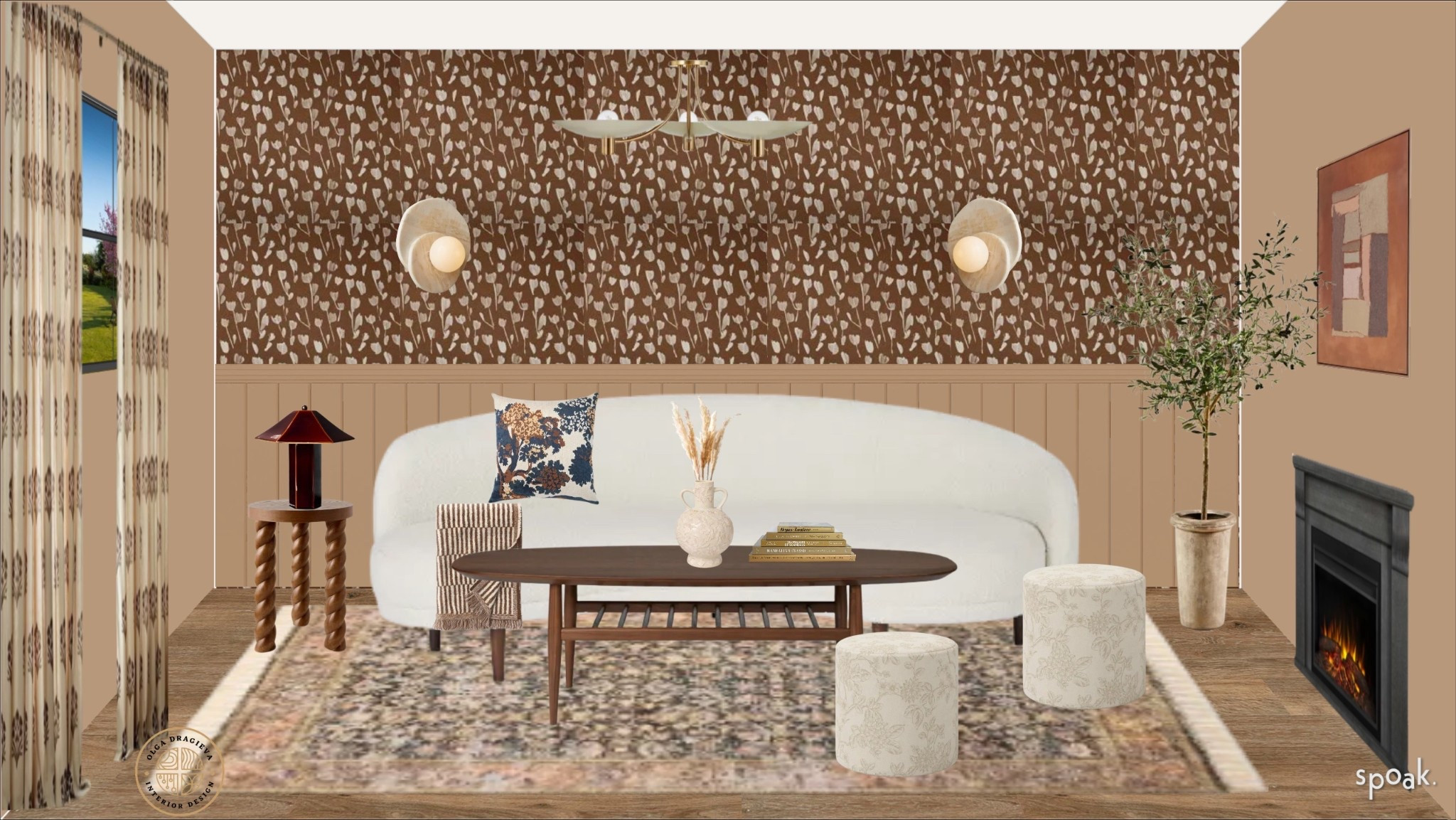 Studio McGee fall collection living room design! There are some beautiful pieces in this new collection, currently the gorgeous ceramic lamp is out of stock, hopefully it will be back! Curvy sofa, real wood coffee table, floral ottomans, fall throw, oriental-style rug, studio McGee side table and lamp, floral wallpaper, wall art from Lulu & Georgia. 

#LTKFamily #LTKHome #LTKSeasonal