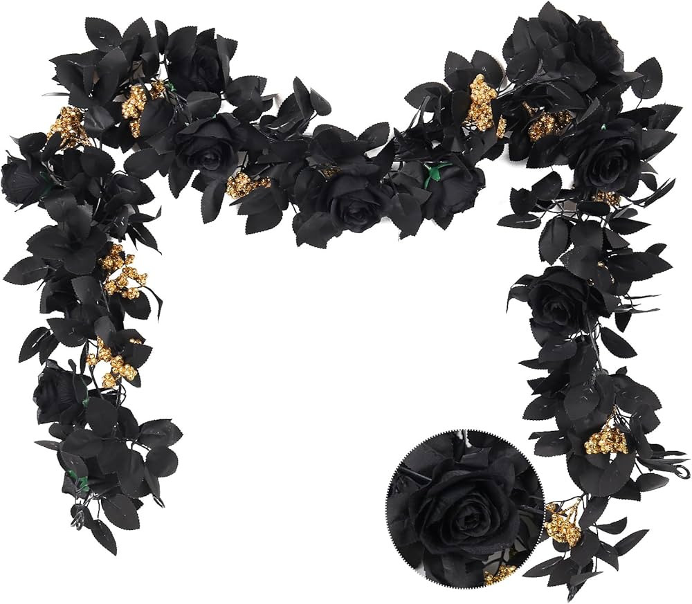 RECUTMS 5.9Ft Black Artificial Roses Flower Garland Fake Halloween Hanging Silk Floral Vines Fall... | Amazon (US)