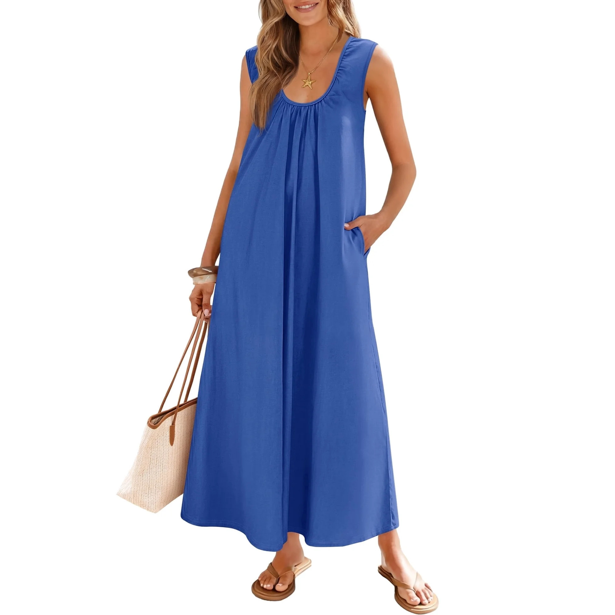 Merokeety womens 2026 summer boho ruched sleeveless tank dress with side pockets royalblue l | Walmart (US)